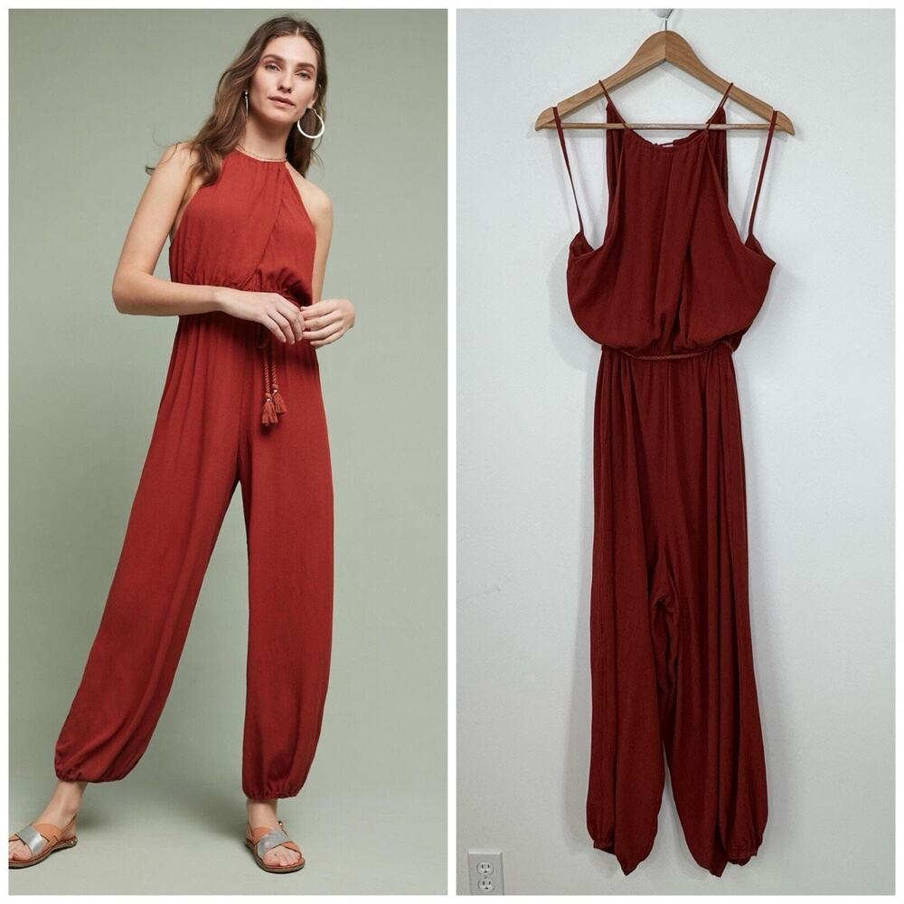Anthropologie Elevenses North Beach Halter Jumpsuit Size XL Rust Orange Belted